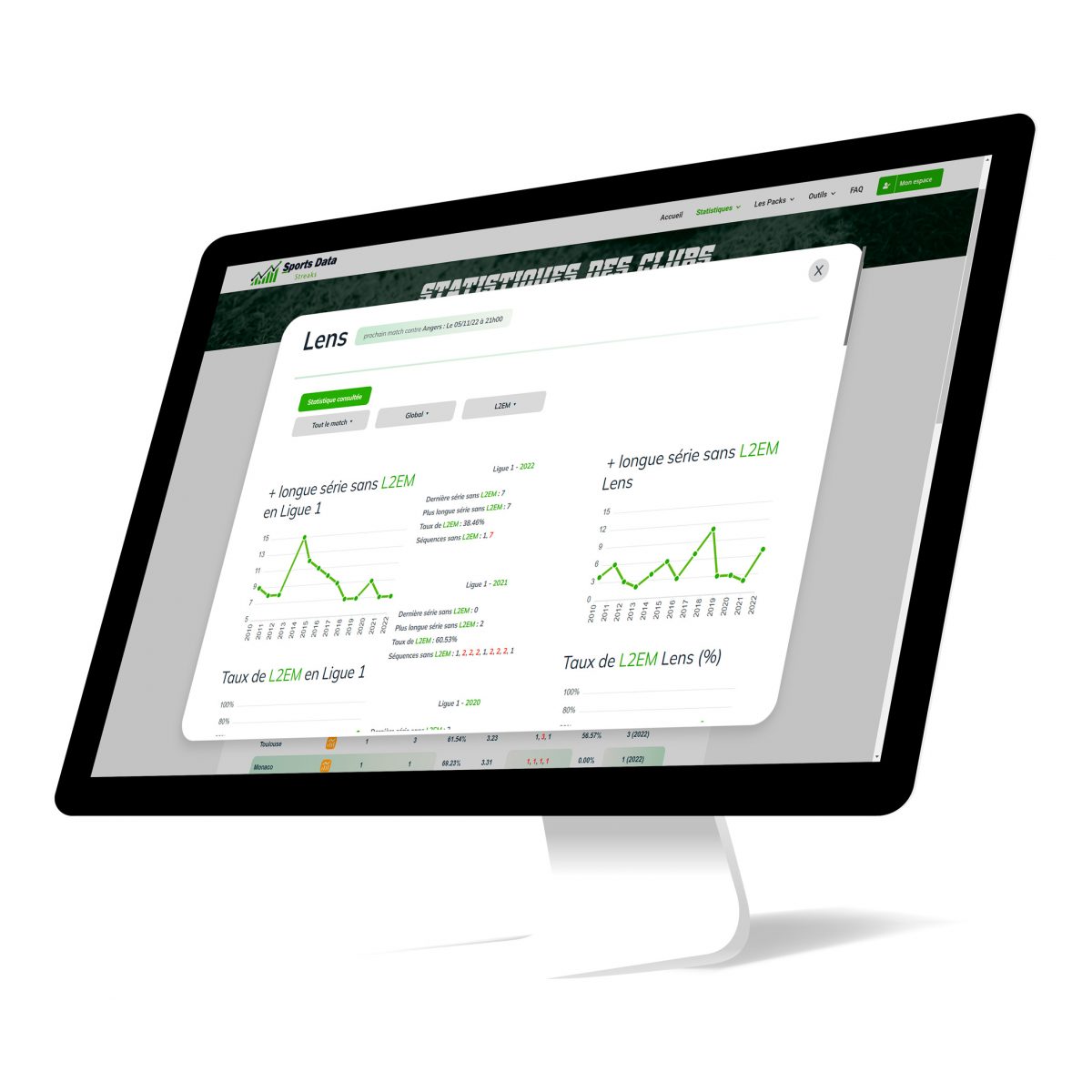 ecran de presentation des differentes statistiques disponibles sur sportsdatastreaks.fr